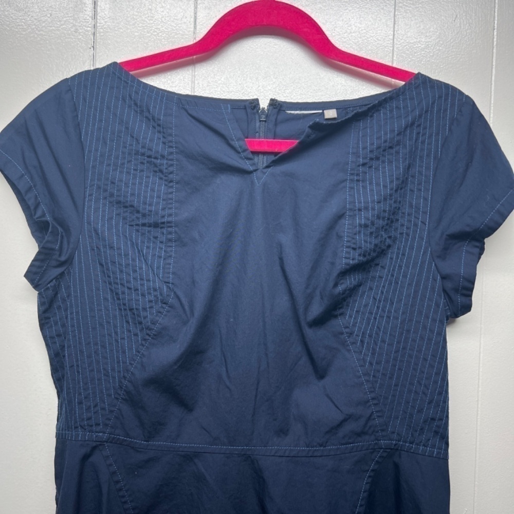 Women's Navy Blue Short Sleeve Midi Dress Size Large Side Pockets 100% Cotton - Picture 4 of 13